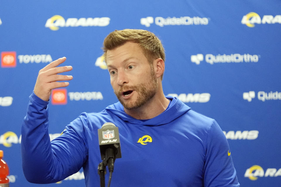 Los Angeles Rams head coach Sean McVay addresses the media after an NFL wild-card playoff football game against the Detroit Lions, Sunday, Jan. 14, 2024, in Detroit. (AP Photo/Paul Sancya)