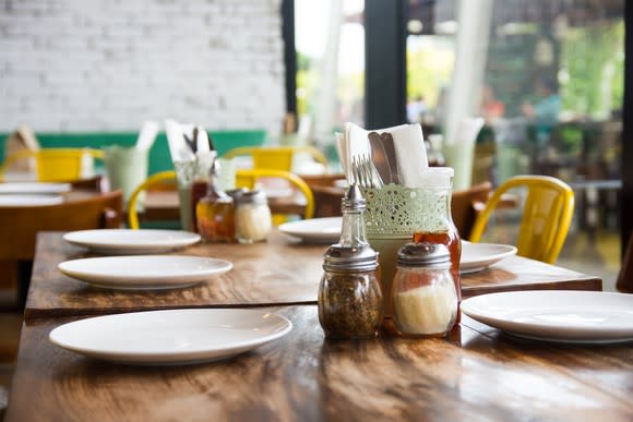 A restaurant with set tables.