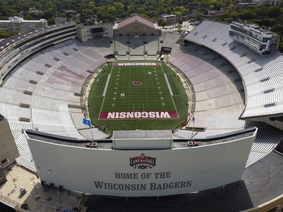 Camp Randall Stadium, home of the Wisconsin Badgers, is seen Thursday, Sept. 17, 2020, in Madison, Wis. Less than five weeks after pushing NCAA college football and other fall sports to spring in the name of player safety during the pandemic, the conference changed course Wednesday, Sept. 16, 2020, and said it plans to begin its season the weekend of Oct. 23-24. (AP Photo/Morry Gash)