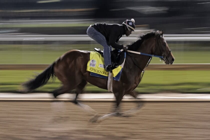 Kentucky Derby entrant Epicenter works out at Churchill Downs Thursday, May 5, 2022, in Louisville, Ky. The 148th running of the Kentucky Derby is scheduled for Saturday, May 7. (AP Photo/Charlie Riedel)