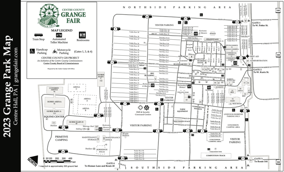 This map provides an overview of the 2023 Grange Fair’s central fairgrounds.