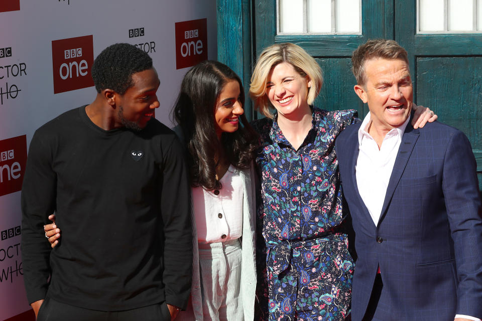 (left to right) Tosin Cole, Mandip Gill, Jodie Whittaker and Bradley Walsh attending the Doctor Who premiere held at The Light Cinema at The Moor, Sheffield. Picture date: Monday September 24, 2018. See PA Story SHOWBIZ DrWho. Photo credit should read: Danny Lawson/PA Wire (Photo by Danny Lawson/PA Images via Getty Images)