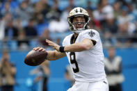 New Orleans Saints quarterback Drew Brees (9) passes against the Carolina Panthers during the first half of an NFL football game in Charlotte, N.C., Sunday, Dec. 29, 2019. (AP Photo/Brian Blanco)