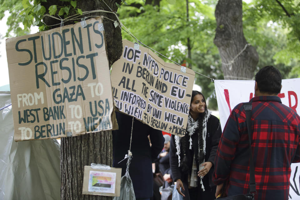 People attend a pro-Palestinians protest camp at the Vienna University Campus in Vienna, Austria, Tuesday, May 7, 2024. (AP Photo/Heinz-Peter Bader)