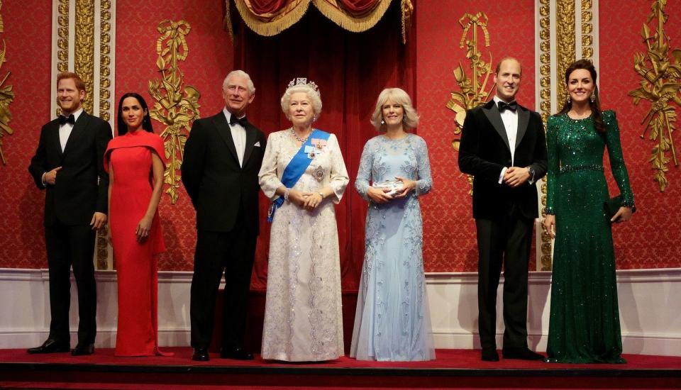 Wax figures of Queen Elizabeth II and members of the royal family at Madame Tussauds London ahead the Platinum Jubilee celebrations (PA)