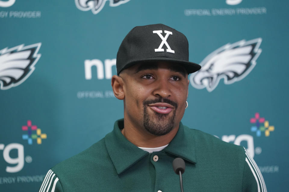 Philadelphia Eagles quarterback Jalen Hurts speaks during a news conference following an NFL football game against the Kansas City Chiefs, Monday, Nov. 20, 2023, in Kansas City, Mo. The Eagles won 21-17. (AP Photo/Ed Zurga)