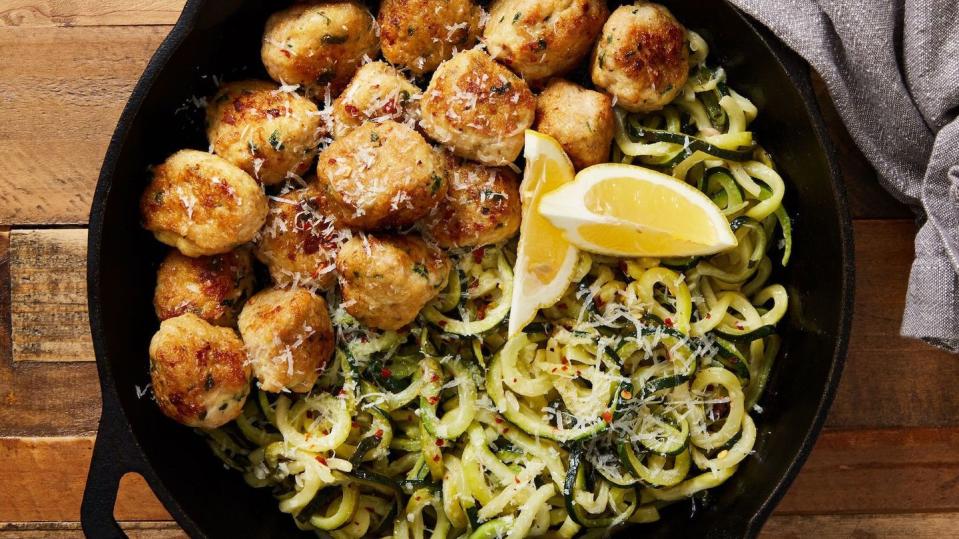 garlic butter meatballs and zoodles with lemon