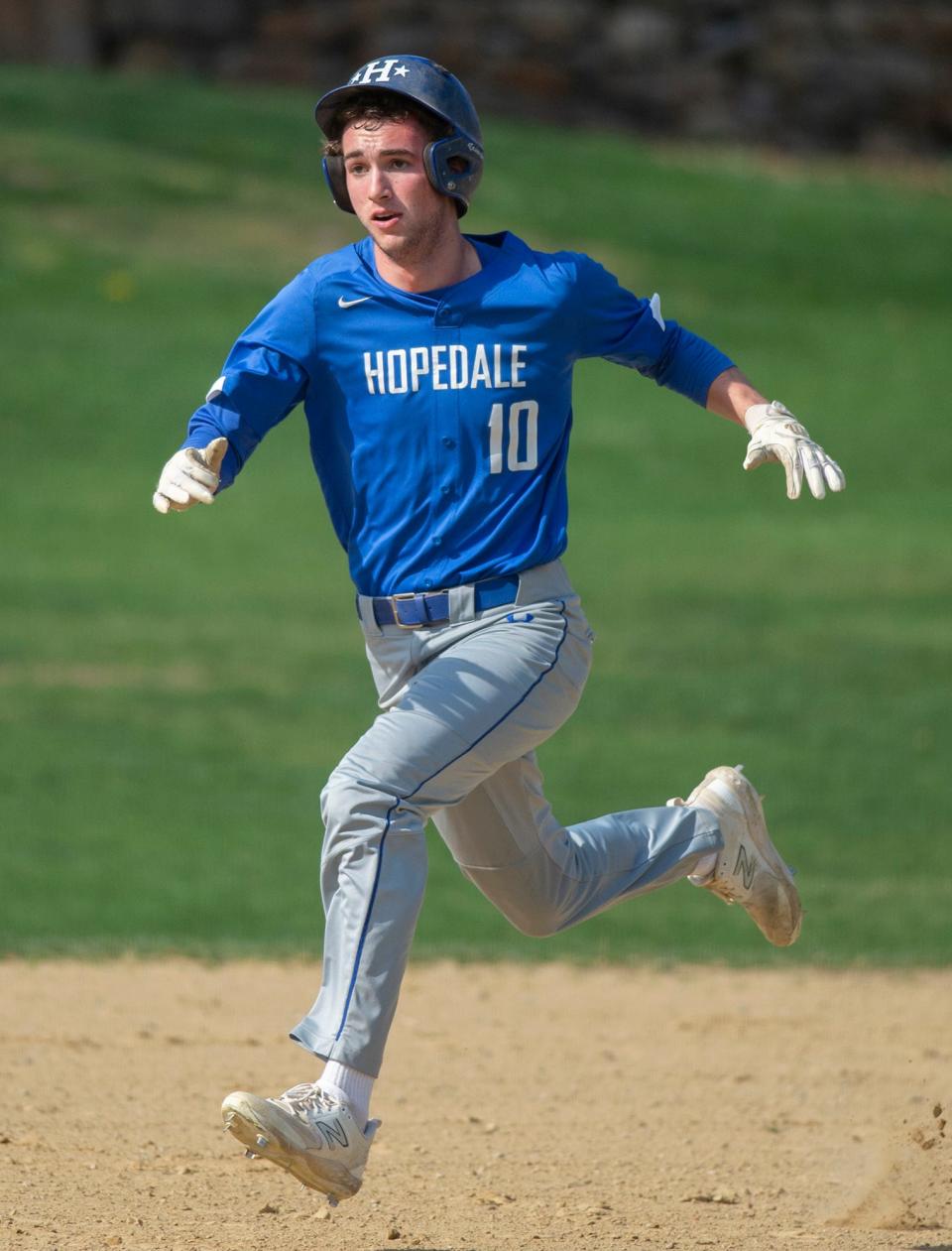 Hopedale High School captain Ryan Reynolds on the basepath against Oxford, April 14, 2023.