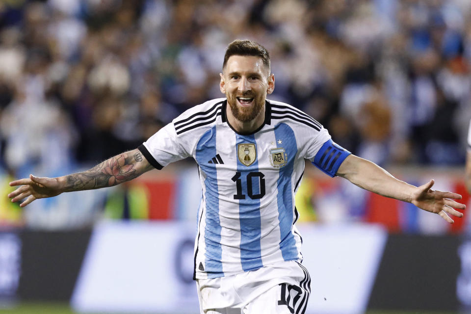 TOPSHOT - Argentina's Lionel Messi celebrates his goal during the international friendly football match between Argentina and Jamaica at Red Bull Arena in Harrison, New Jersey, on September 27, 2022. (Photo by Andres Kudacki / AFP) (Photo by ANDRES KUDACKI/AFP via Getty Images)