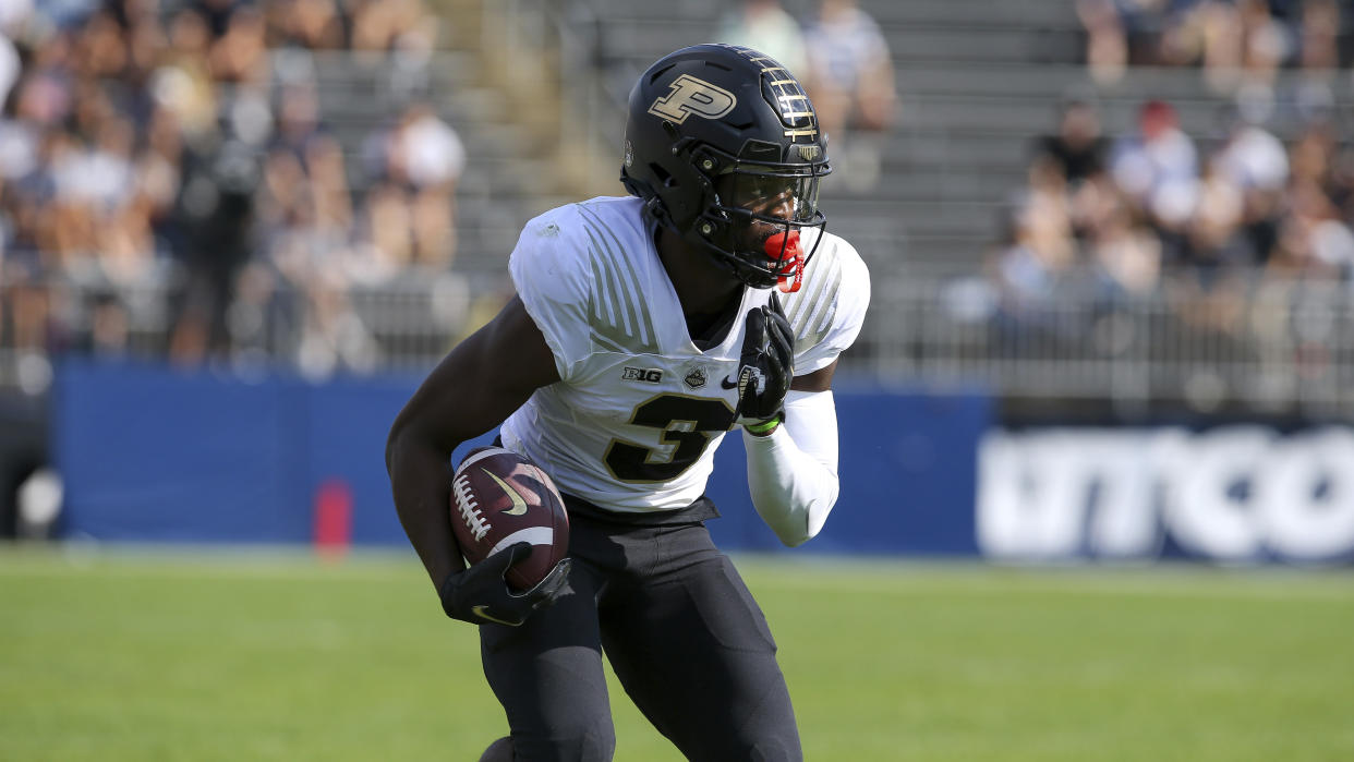 Purdue wide receiver David Bell (3) during the first half of an NCAA football game against Connecticut on Saturday, Sept. 11, 2021, in East Hartford, Conn. (AP Photo/Stew Milne)