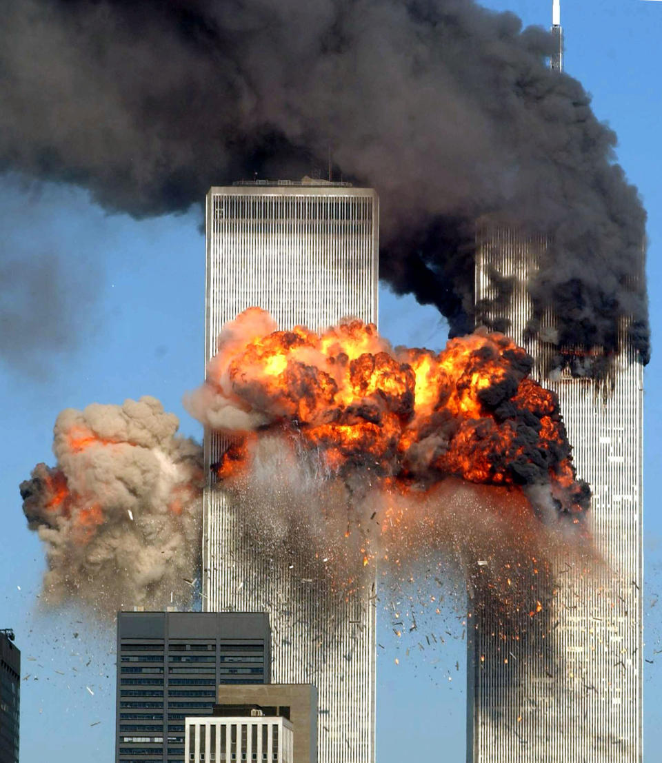 NEW YORK - SEPTEMBER 11:  Hijacked United Airlines Flight 175 from Boston crashes into the south tower of the World Trade Center and explodes at 9:03 a.m. on September 11, 2001 in New York City.  The crash of two airliners hijacked by terrorists loyal to al Qaeda leader Osama bin Laden and subsequent collapse of the twin towers killed some 2,800 people. (Photo by Spencer Platt/Getty Images)