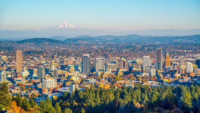 City of Portland Oregon and Mount Hood in Autumn.