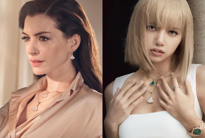 （左起）安海瑟薇（Anne Hathaway）與韓國女團BLACKPINK的成員LISA詮釋全新Divas’ Dream系列珍珠母貝以及孔雀石版本作品。（寶格麗提供）