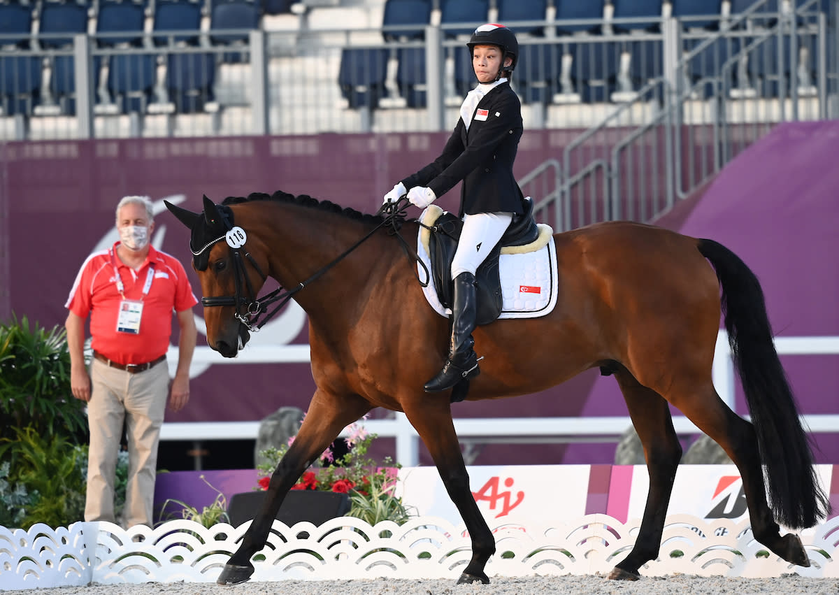 Singapore equestrienne Laurentia Tan rides Banestro in the dressage individual test (Grade I) competition at the 2020 Tokyo Paralympics. (PHOTO: Sport Singapore)