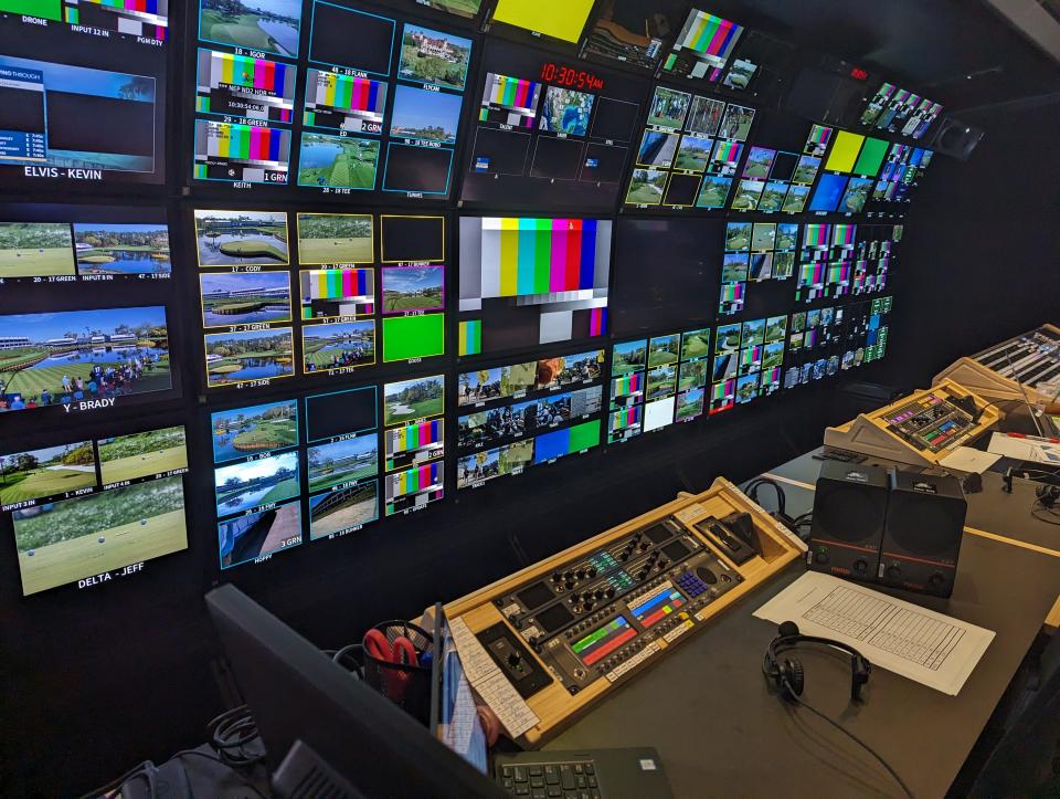 Multiple screens are displayed inside the PGA Tour Fleet main truck at The Players Championship in Ponte Vedra Beach on Wednesday.