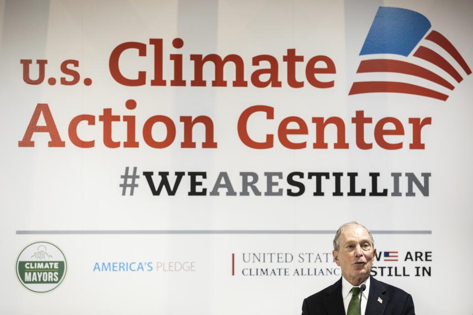 Democratic presidential contender Michael Bloomberg gives a speech at the US Climate action center during the COP25 summit in Madrid, Tuesday, Dec. 10, 2019. (AP Photo/Bernat Armangue)