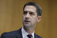 Sen. Tom Cotton, R-Ark., questions Attorney General Merrick Garland during a Senate Judiciary Committee hearing examining the Department of Justice on Capitol Hill in Washington, Wednesday, Oct. 27, 2021. (Tasos Katopodis/Pool via AP)