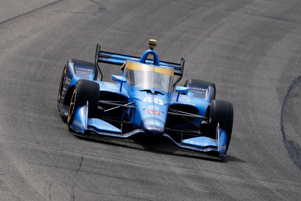 Jimmie Johnson drives during an IndyCar Series auto race on Saturday at Iowa Speedway in Newton, Iowa.