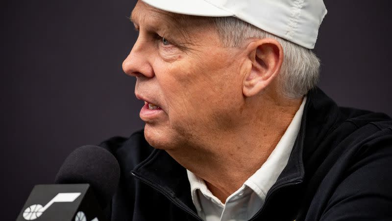 Utah Jazz CEO Danny Ainge speaks during an end-of-season press conference at the Zions Bank Basketball Campus in Salt Lake City on Wednesday, April 12, 2023. Ainge and his front office cohorts are busy preparing for the 2023 NBA draft.