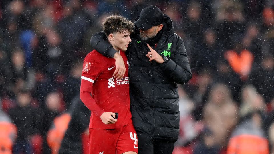 Bobby Clark, perhaps the standout star from this latest crop of players, talking with Liverpool manager Jurgen Klopp. - Justin Setterfield/Getty Images