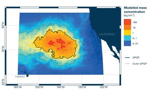 The Great Pacific Garbage Patch sites between California and Hawaii 