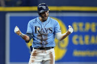 Tampa Bay Rays' Kevin Kiermaier reacts after his double off Boston Red Sox relief pitcher Darwinzon Hernandez breaks up a no-hit bid during the eighth inning of a baseball game Thursday, June 24, 2021, in St. Petersburg, Fla. (AP Photo/Chris O'Meara)