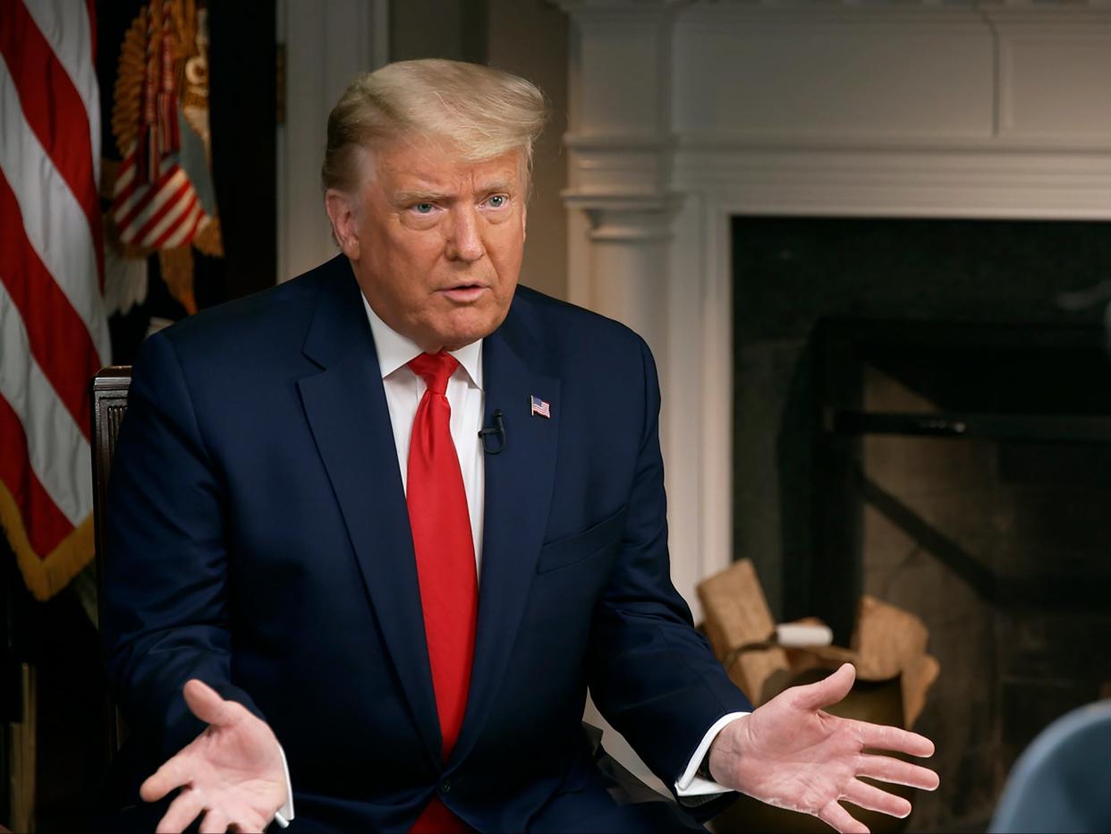 President Donald Trump speaks during an interview conducted by Lesley Stahl in the White House, Tuesday 20 October 2020 ((Associated Press))