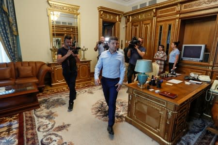 Ukraine's President Volodymyr Zelenskiy is seen in his office at the Presidential Administration building in Kiev