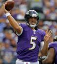 Ravens' Flacco passes against the Texans during their NFL football game in Baltimore