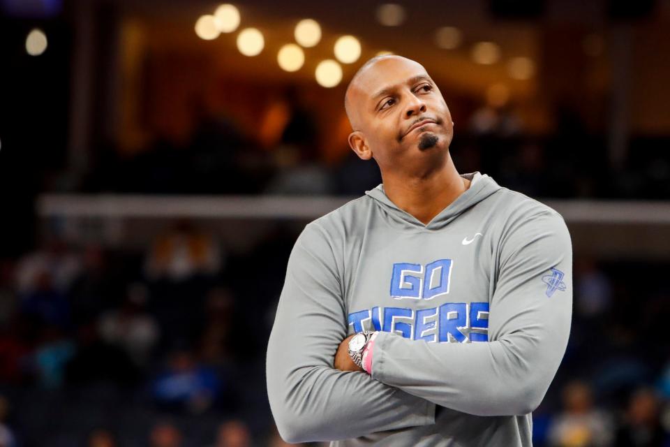 Memphis' head coach Penny Hardaway looks off during the game between the University of Texas at San Antonio and the University of Memphis at FedExForum in Memphis, Tenn., on Wednesday, January 10, 2024.