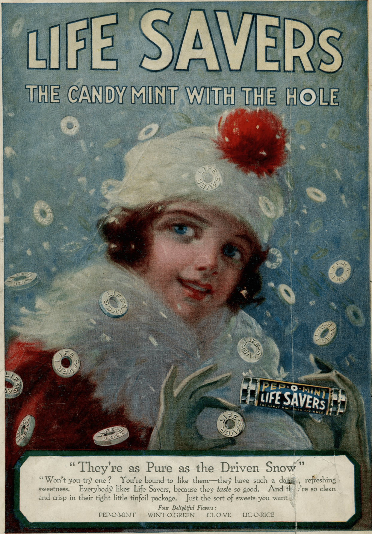 Vintage Life Savers advertisement, woman dressed in a coat, holding the original peppermint Life savers, surrounded by whirling individual Life Savers, she is wearing red and white, on a light blue wintery background, 1918