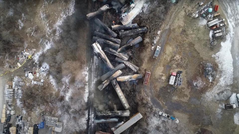PHOTO: This video screenshot released by the U.S. National Transportation Safety Board (NTSB) shows the site of a derailed freight train in East Palestine, Ohio that ocurres on Feb. 3, 2023. (Xinhua News Agency via Getty Images, FILE)
