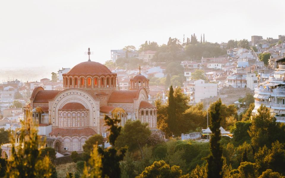 View of St. Paul's Church and the city of Thessaloniki at sunset