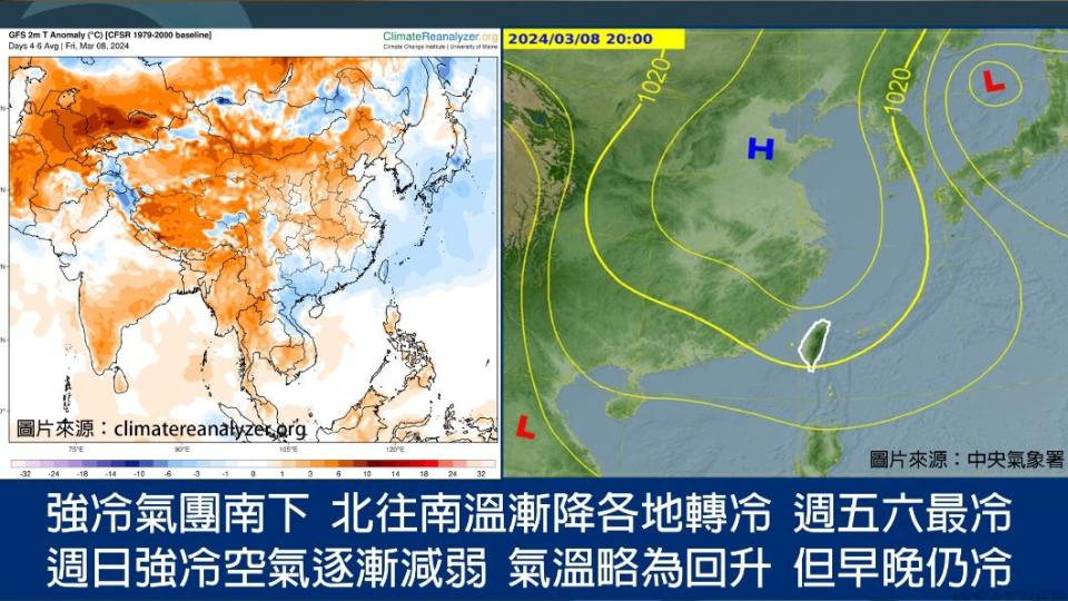 強冷氣團南下，北往南氣溫漸降。（圖／中央氣象署）