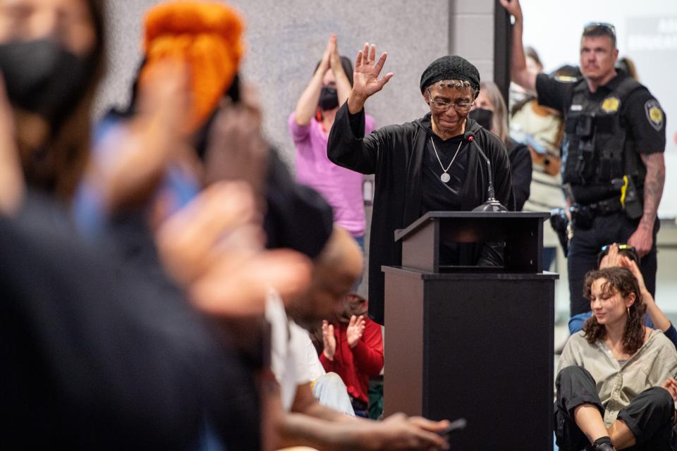 Hanan Shabazz receives a standing ovation as she takes the podium in support of the Southside Community Farm at the HACA meeting, April 24, 2024.