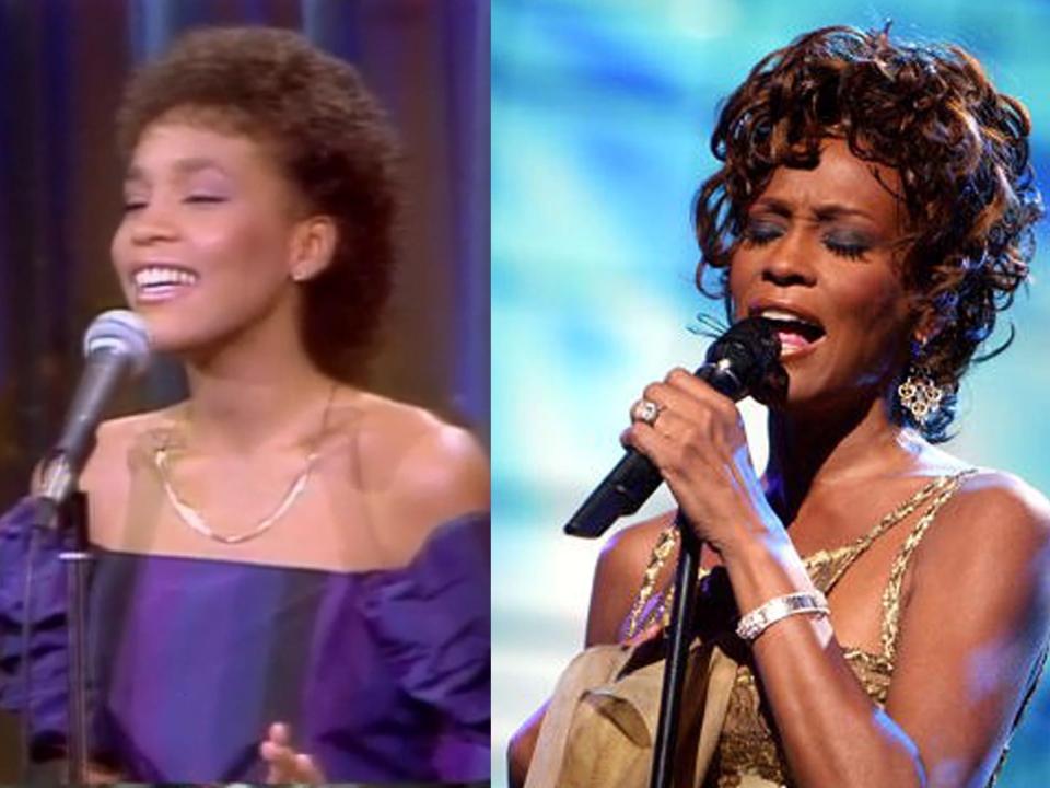 Whitney Houston on "The Merv Griffin Show" in 1983, and at the 2004 World Music Awards.