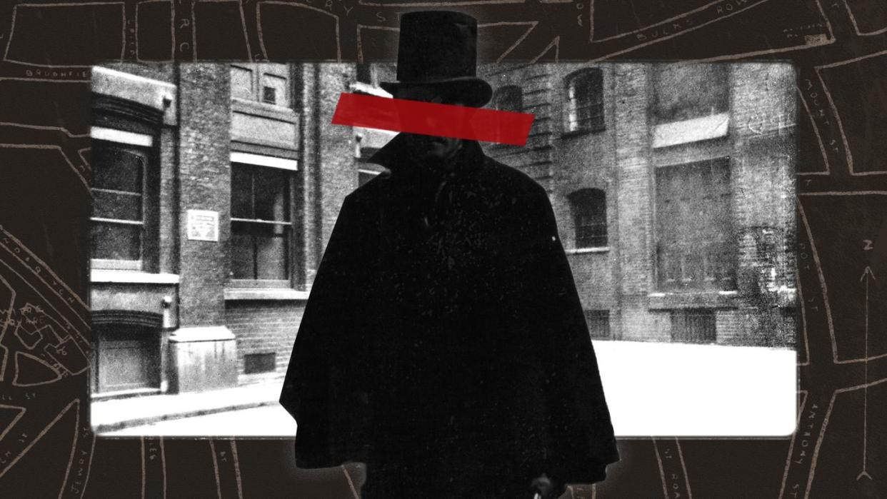 a man in a top hat with identity obscured, mitre square in london, map of whitechapel