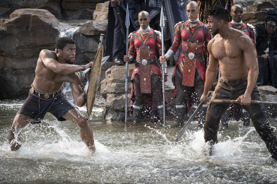 T’Challa (Chadwick Boseman, left) vs. Erik Killmonger (Michael B. Jordan) battle for the throne. (Photo: Marvel Studios)
