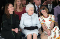 Britain's Queen Elizabeth II sits next to Vogue Editor-in-Chief Anna Wintour and Caroline Rush, Chief Executive of the British Fashion Council, as they view Richard Quinn's runway show before presenting him with the inaugural Queen Elizabeth II Award for British Design as she visits London Fashion Week, in London, Britain February 20, 2018. REUTERS/Yui Mok/Pool