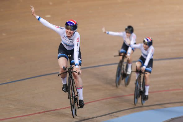 Katie Archibald, Laura Kenny, Neah Evans and Ellie Dickinson won gold in London