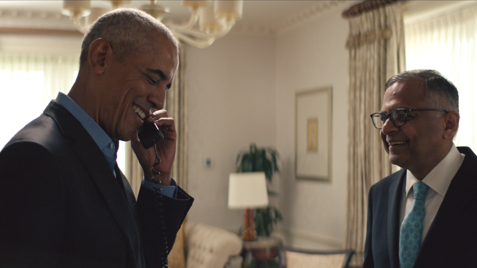 Barack Obama orders a green salad and French fries during a meeting with executive Natarajan Chandrasekaran (Netflix)