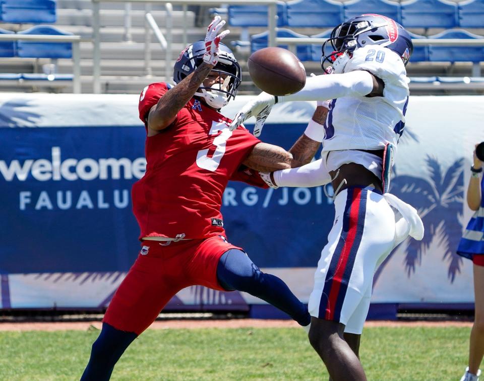 Safety Fabian Scott (20) breaks up a pass during the Spring Game at FAU Stadium on Saturday, April 13, 2024, in Boca Raton, FL.