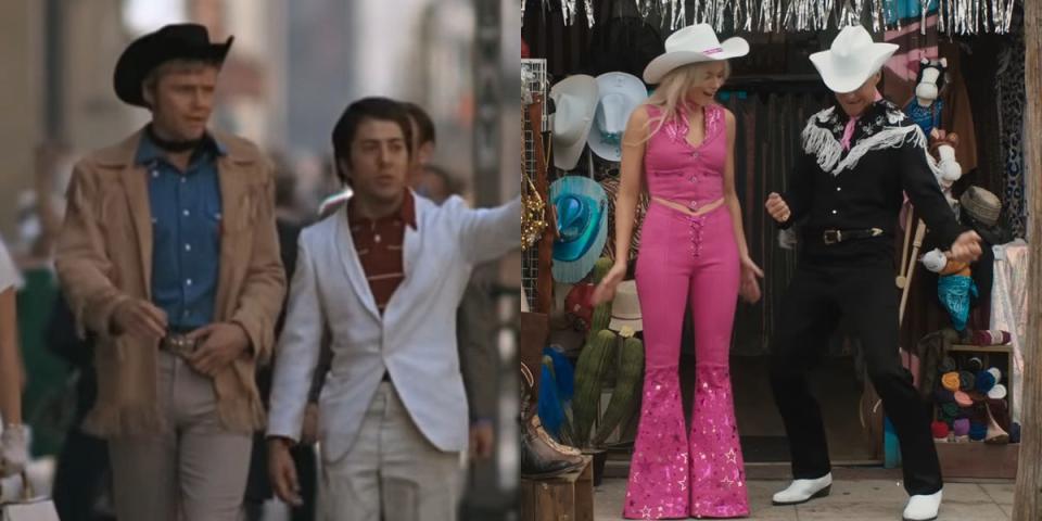 Left: Jon Voight and Dustin Hoffman in "Midnight Cowboy." Right: Margot Robbie and Ryan Gosling in "Barbie."