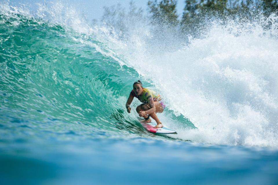 Four-time WSL Champion Carissa Moore of Hawaii surfs in the Final of the Surf Ranch Pro presented by Adobe on June 20, 2021 in Lemoore, California.