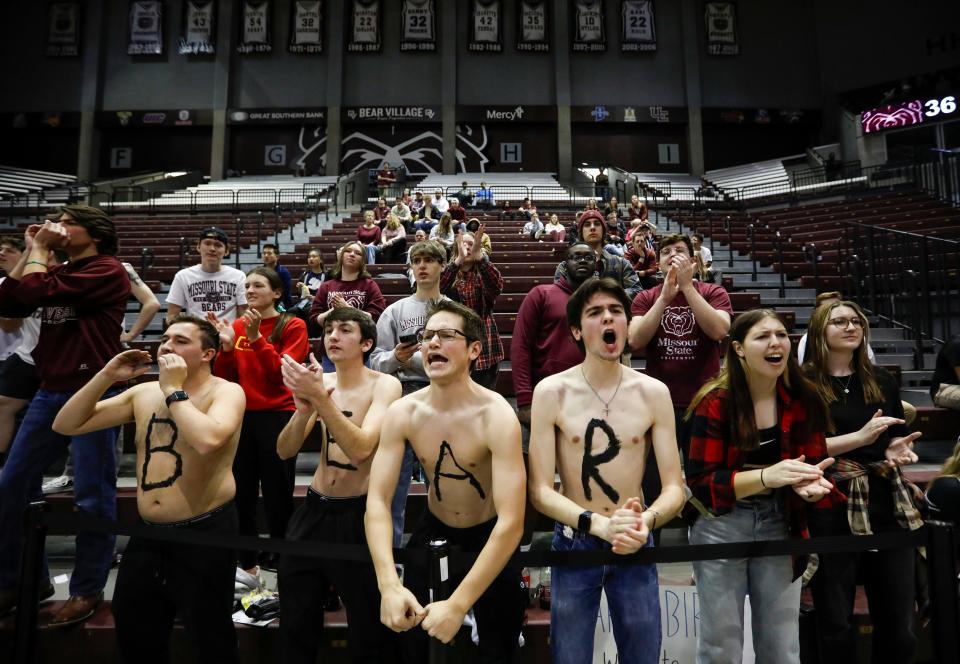 Scenes from a Missouri State men's basketball crowd when the Bears played Indiana State on Feb. 10, 2024. The announced attendance was 3,517 which ranked among the top crowds of the 2023-24 season.