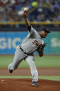 Detroit Tigers pitcher Wily Peralta works from the mound against the Tampa Bay Rays during the first inning of a baseball game Sunday, Sept. 19, 2021, in St. Petersburg, Fla. (AP Photo/Scott Audette)