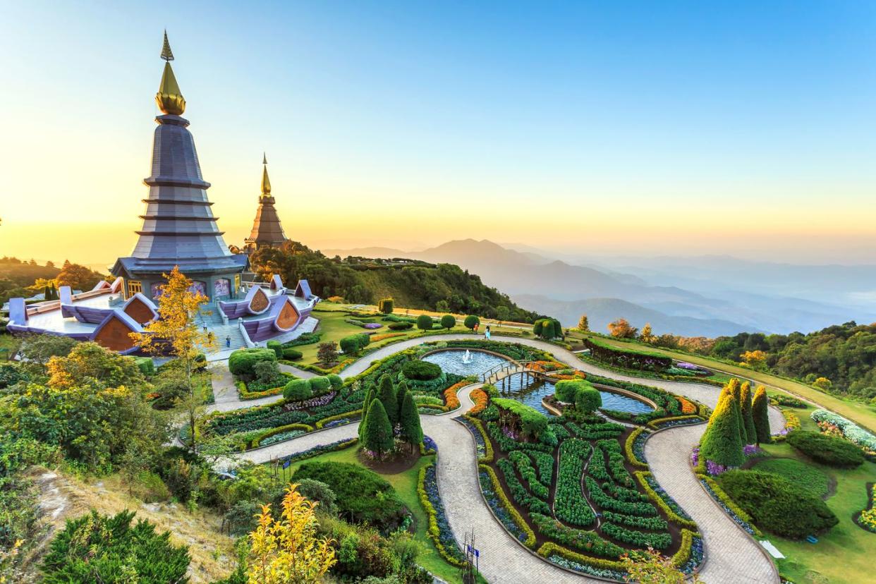 landscape of two pagoda at the inthanon mountain at sunset, chiang mai, thailand