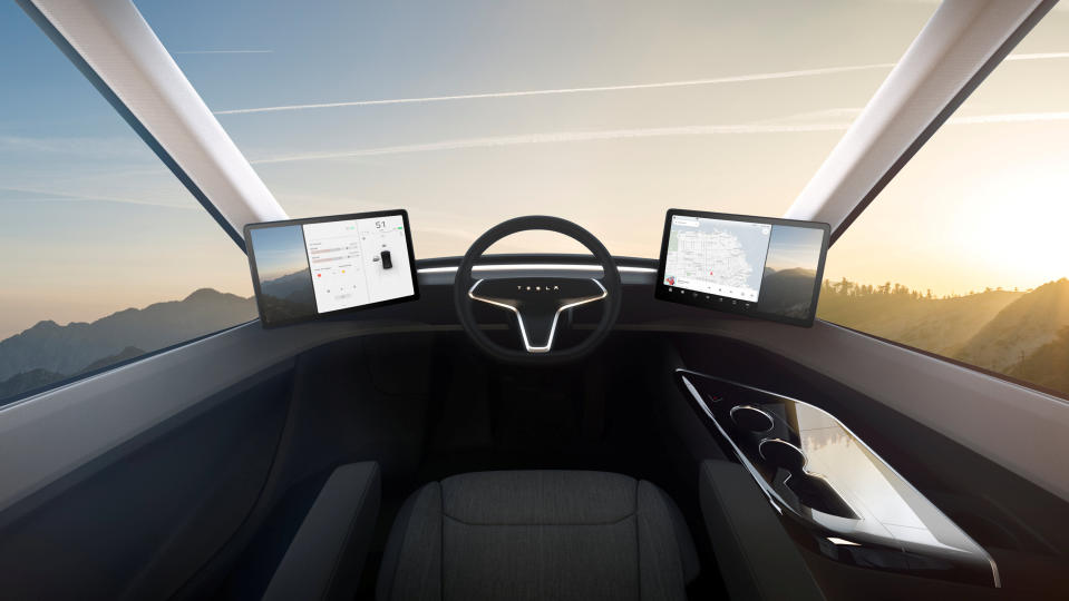 An interior view of the Tesla Semi shows a central driving position, not on the left nor the right (Tesla/Reuters)