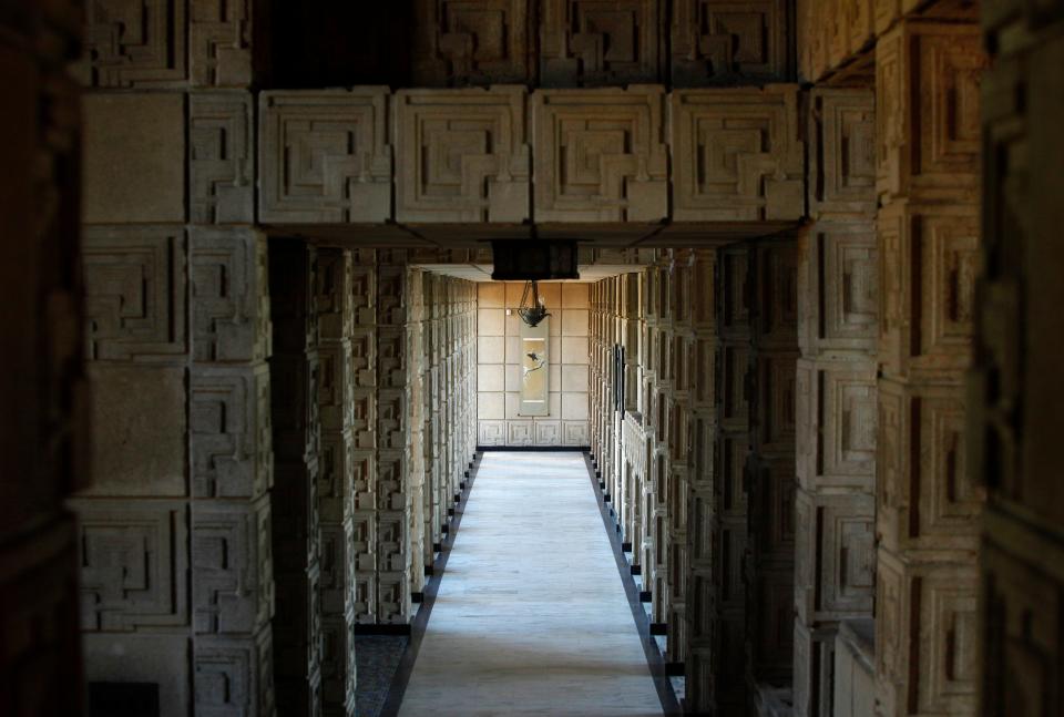 Textured blocks frame a passageway in Wright’s Ennis House.