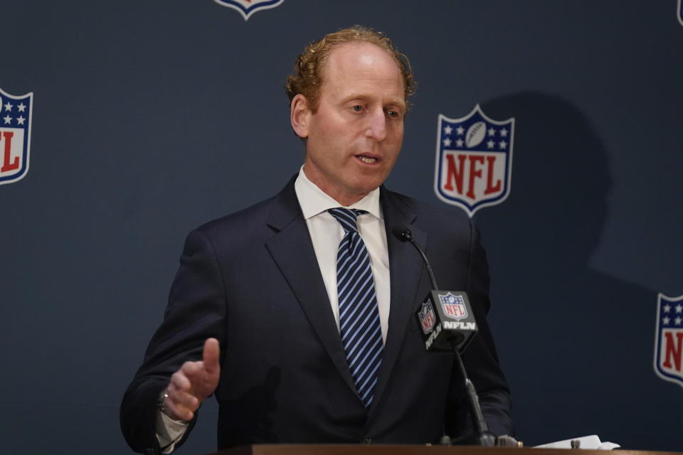 Jeff Miller, Executive Vice President of Communications at the NFL, speaks to reporters during the NFL football owners meeting in New York, Tuesday, Oct. 26, 2021. (AP Photo/Seth Wenig)